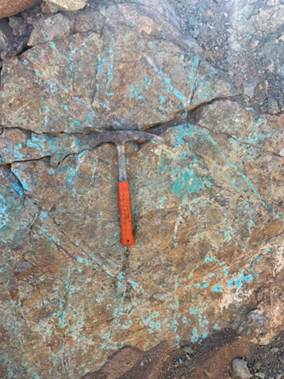 Sample of copper-rich stockwork of quartz and chrysocolla grading 2.06% copper from 500 meters northeast of previous sample.