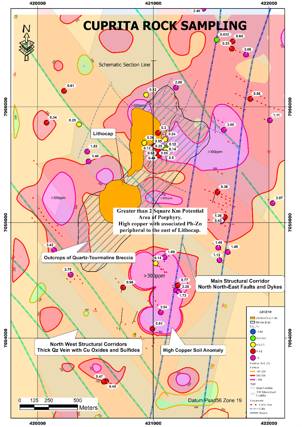 Compilation map showing the location of the extensive leached cap (lithocap) and associated structures, outcrop samples, quartz-copper veins, soil geochemical anomalies, tourmaline breccias associated with a magnetic low, that comprise the key criteria for a mineralized porphyry target.